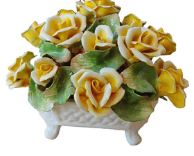 Italian Capodimonte Porcelain Flower Centerpiece Yellow Roses- 10 inch Pre Owned