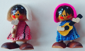 Wooden Folk Art Dolls Playing Musical Instruments-Set of 2-Argentina? Pre-Owned