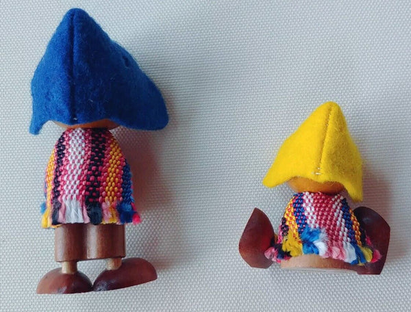 Wooden Folk Art Dolls Woven Cloth Ponchos -Argentina Set Of 2 Pre-Owned