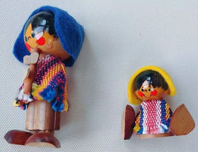 Wooden Folk Art Dolls Woven Cloth Ponchos -Argentina Set Of 2 Pre-Owned