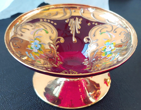 Venetian / Czech Bohemian Style Compote Pedestal Bowl Red-Gold 4.5