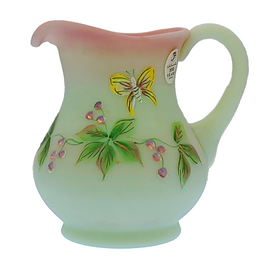 2005 Fenton Lotus Mist Burmese Glass Mini Pitcher-Berry & Butterfly-4