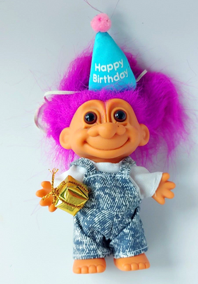 1992 Vintage Russ Troll Doll Happy Birthday with Hat & Gift Box 4