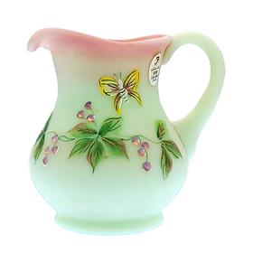 2005 Fenton Lotus Mist Burmese Glass Mini Pitcher-Berry & Butterfly-4