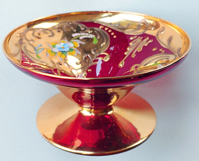 Venetian / Czech Bohemian Style Compote Pedestal Bowl Red-Gold 4.5