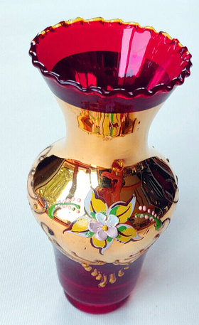 Venetian / Czech Bohemian Style Red Gold Enamel FlowerVase-Gold 5.5