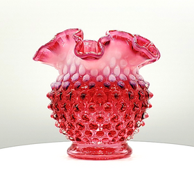 Vintage Fenton Hobnail Cranberry Opalescent Glass Rose Bowl #3854-4.5