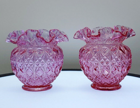 Vintage Fenton Dusty Pink Rose Bowl Vases Cut & Block-4